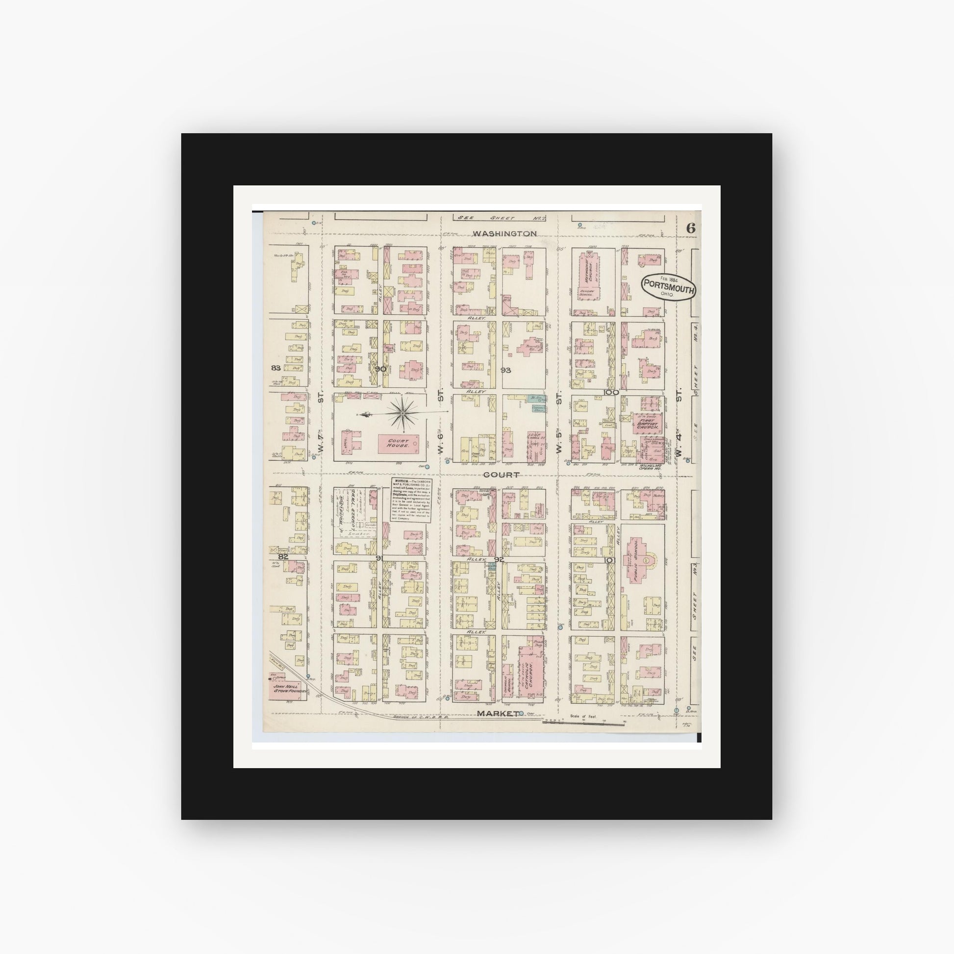 Old map wall art mockup — black gallery frame with white mat — Sanborn Fire Insurance Map from Portsmouth, Scioto County, Ohio (1884), Sheet #0006