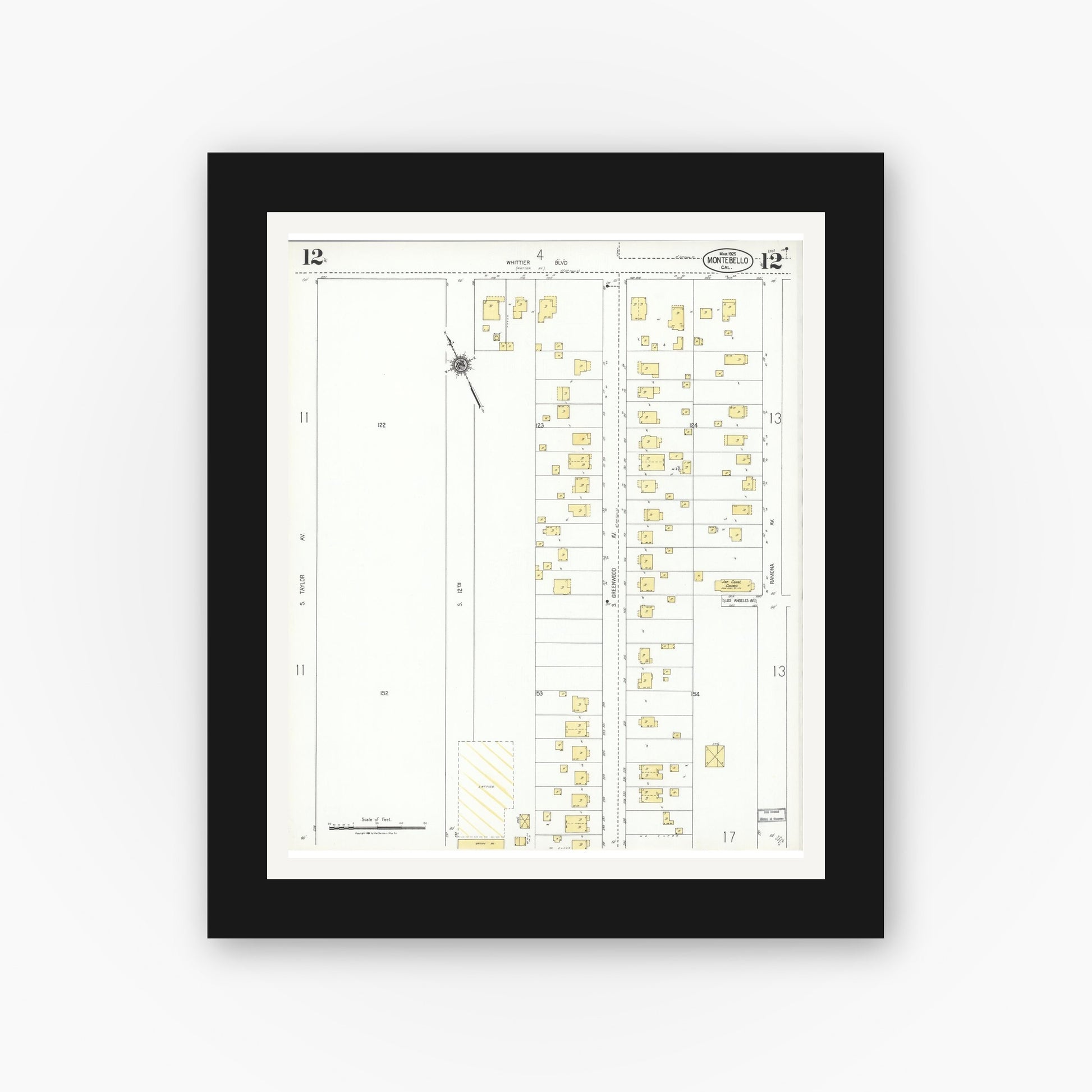 Old map wall art mockup — black gallery frame with white mat — Sanborn Fire Insurance Map from Montebello, Los Angeles County, California (1925), Sheet #0012