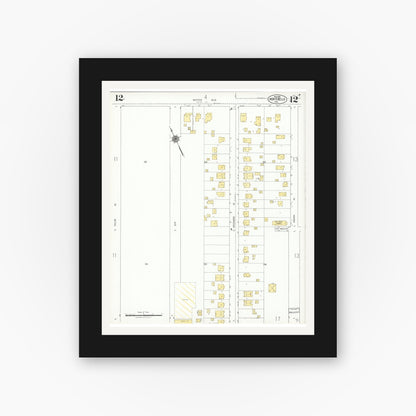 Old map wall art mockup — black gallery frame with white mat — Sanborn Fire Insurance Map from Montebello, Los Angeles County, California (1925), Sheet #0012