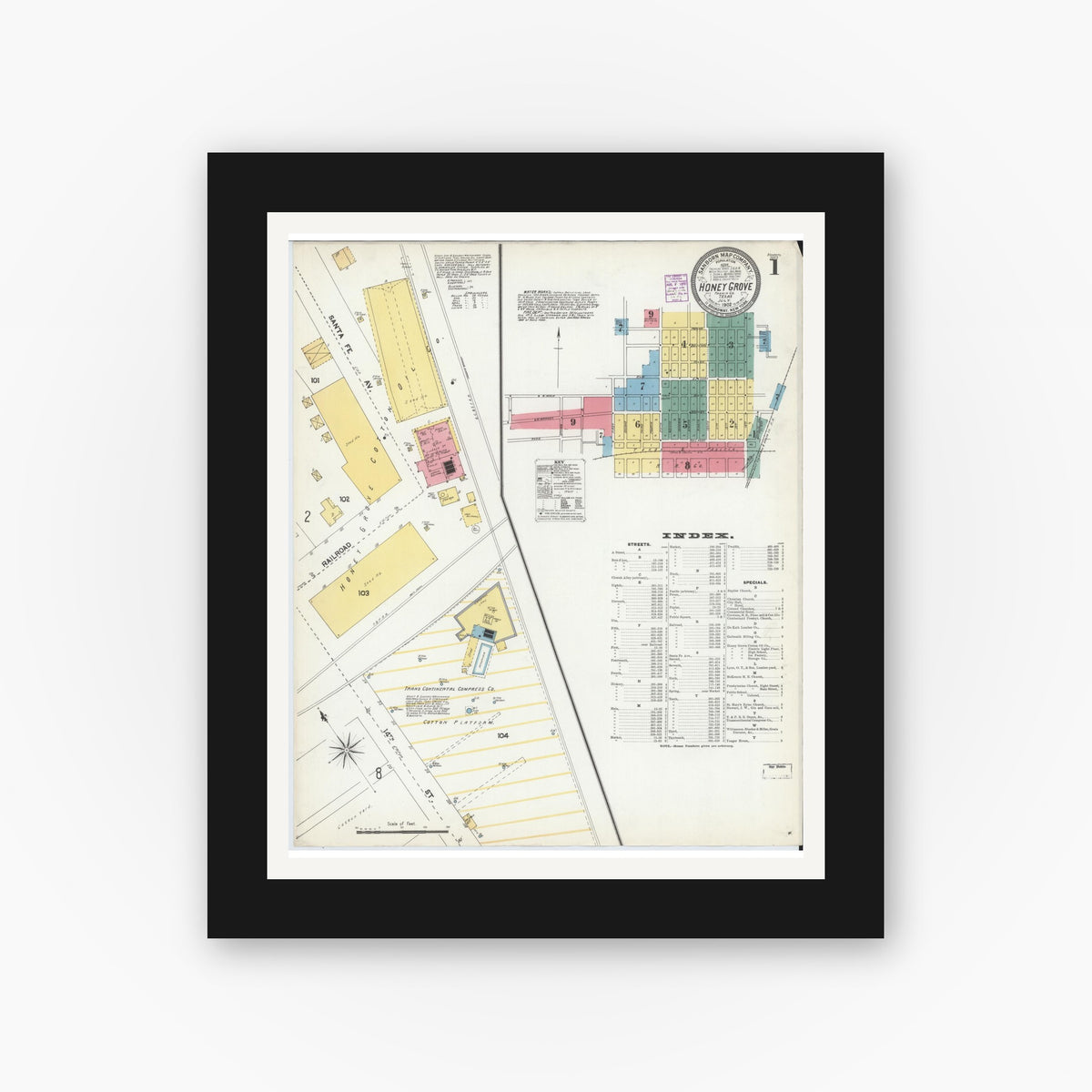 Old map wall art mockup — black gallery frame with white mat — Sanborn Fire Insurance Map from Honey Grove, Fannin County, Texas (1902) - Complete Map Set
