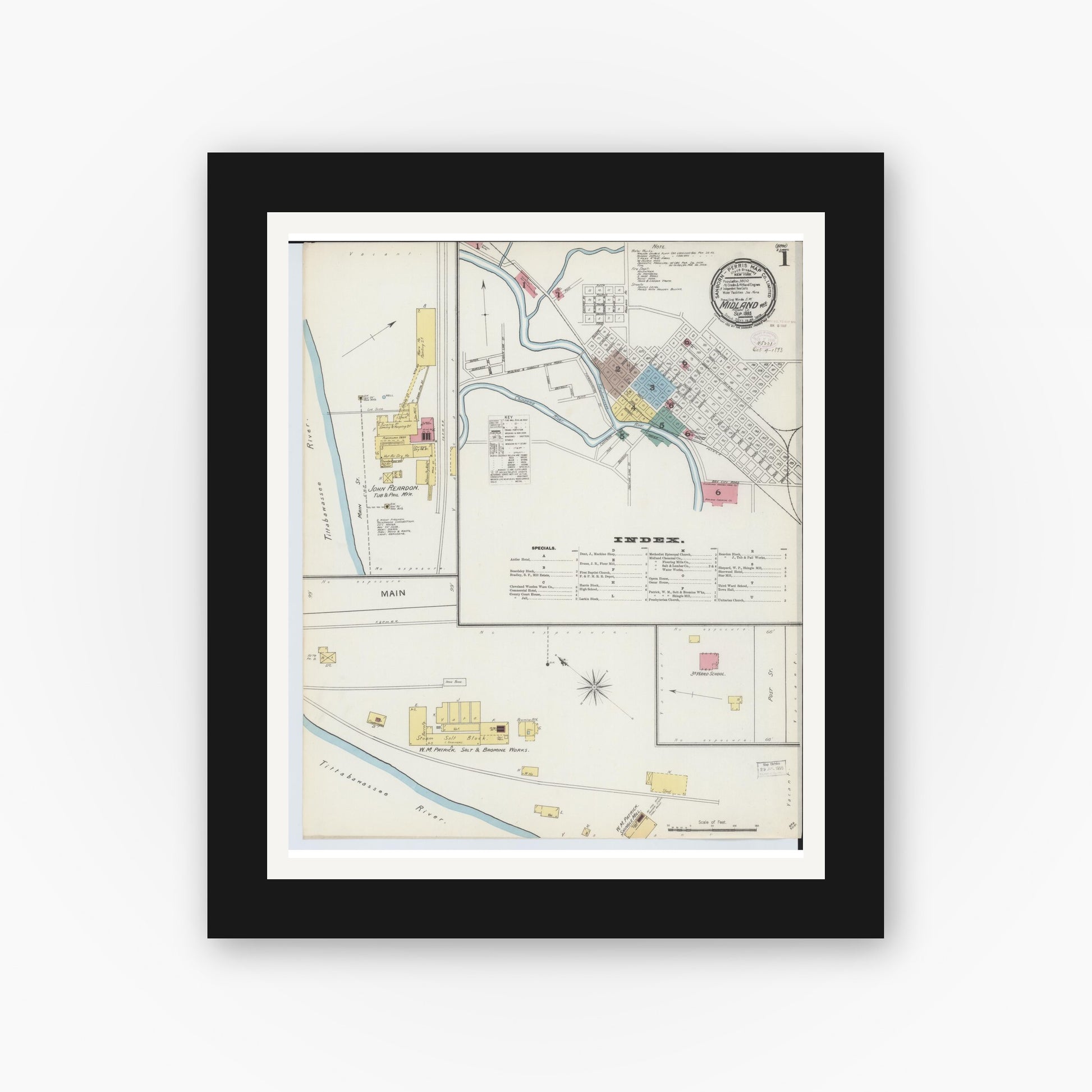 Old map wall art mockup — black gallery frame with white mat — Sanborn Fire Insurance Map from Midland, Midland County, Michigan (1893) - Complete Map Set