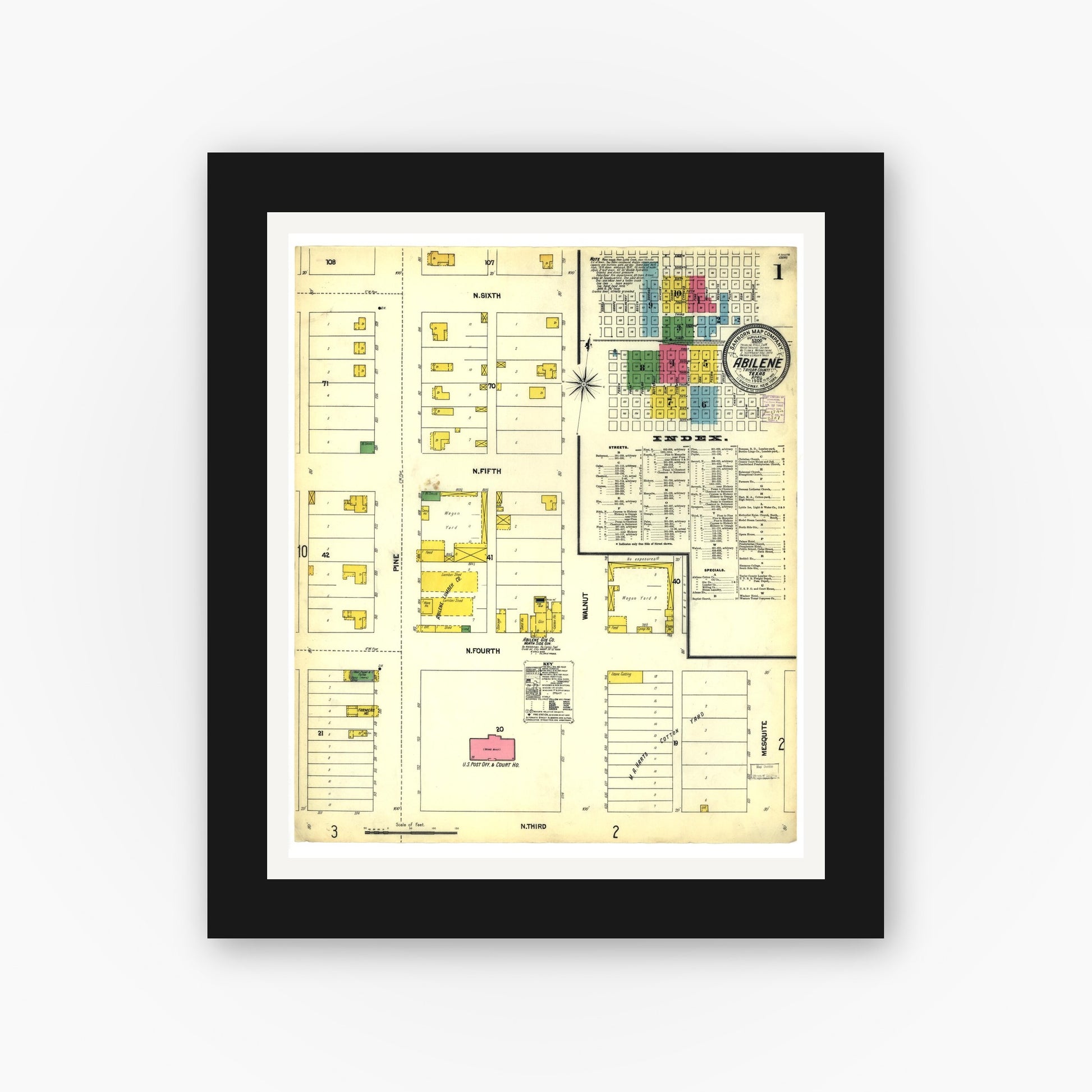 Old map wall art mockup — black gallery frame with white mat — Sanborn Fire Insurance Map from Abilene, Taylor County, Texas (1902), Sheet #0001