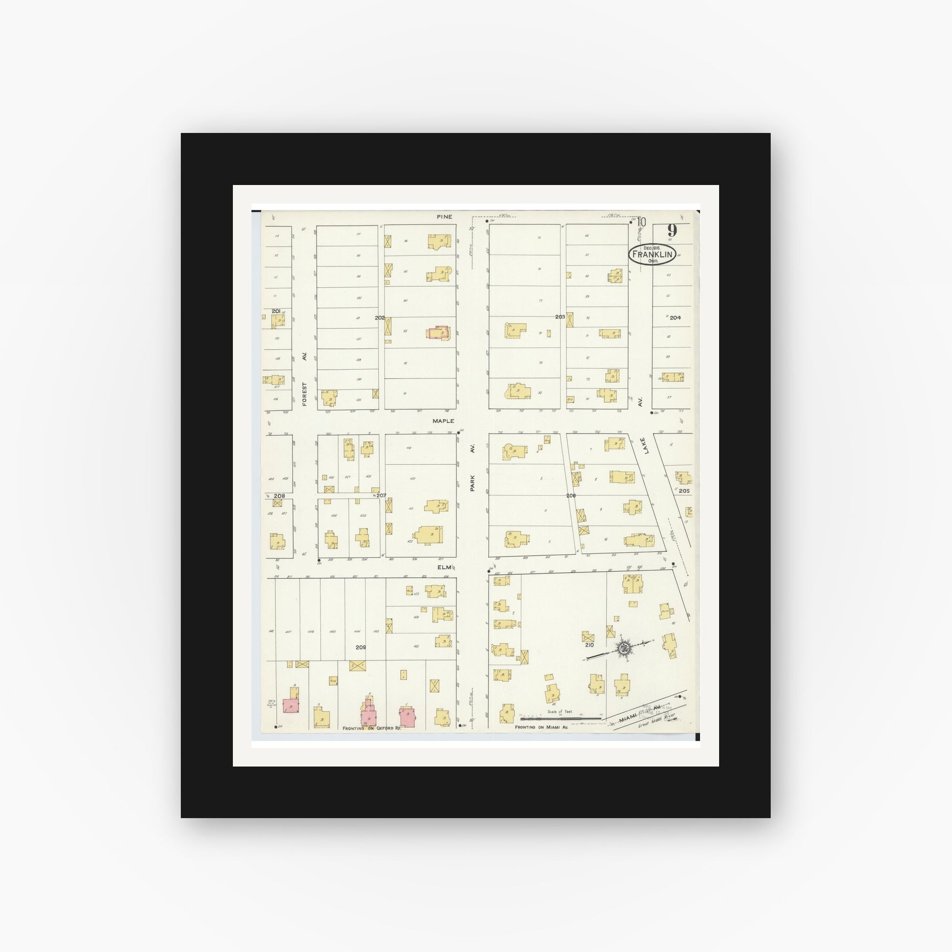 Old map wall art mockup — black gallery frame with white mat — Sanborn Fire Insurance Map from Franklin, Warren County, Ohio (1916), Sheet #0009