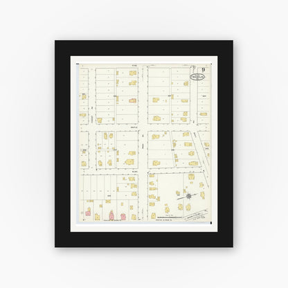 Old map wall art mockup — black gallery frame with white mat — Sanborn Fire Insurance Map from Franklin, Warren County, Ohio (1916), Sheet #0009