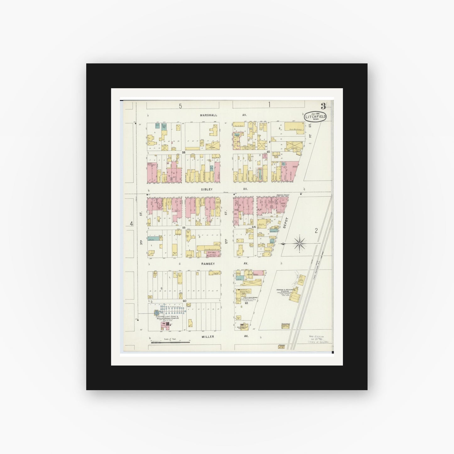 Old map wall art mockup — black gallery frame with white mat — Sanborn Fire Insurance Map from Litchfield, Meeker County, Minnesota (1896), Sheet #0003