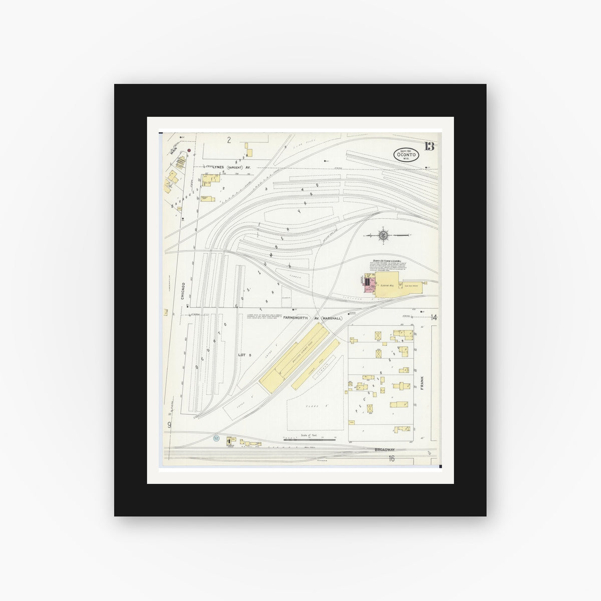 Old map wall art mockup — black gallery frame with white mat — Sanborn Fire Insurance Map from Oconto, Oconto County, Wisconsin (1911), Sheet #0013