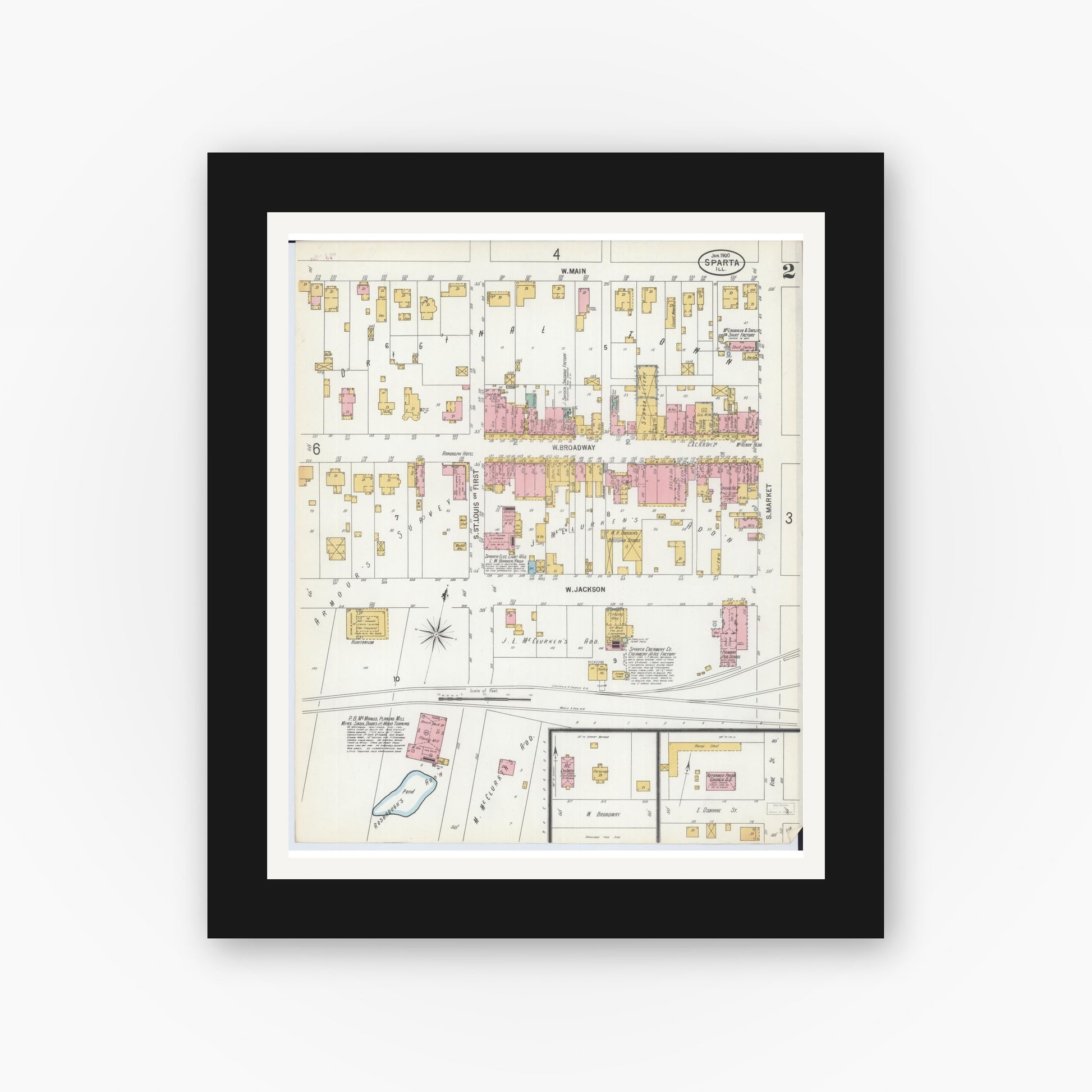 Old map wall art mockup — black gallery frame with white mat — Sanborn Fire Insurance Map from Sparta, Randolph County, Illinois (1900), Sheet #0002