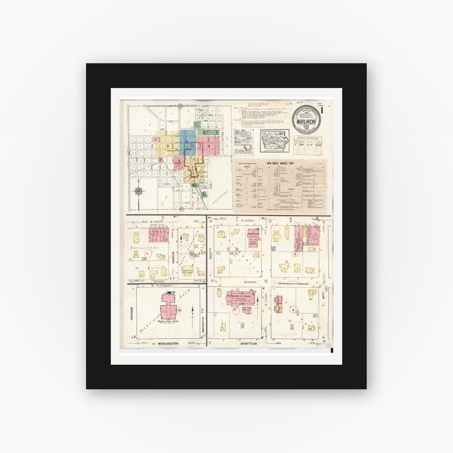 Old map wall art mockup — black gallery frame with white mat — Sanborn Fire Insurance Map from Waukon, Allamakee County, Iowa (1934), Sheet #0001