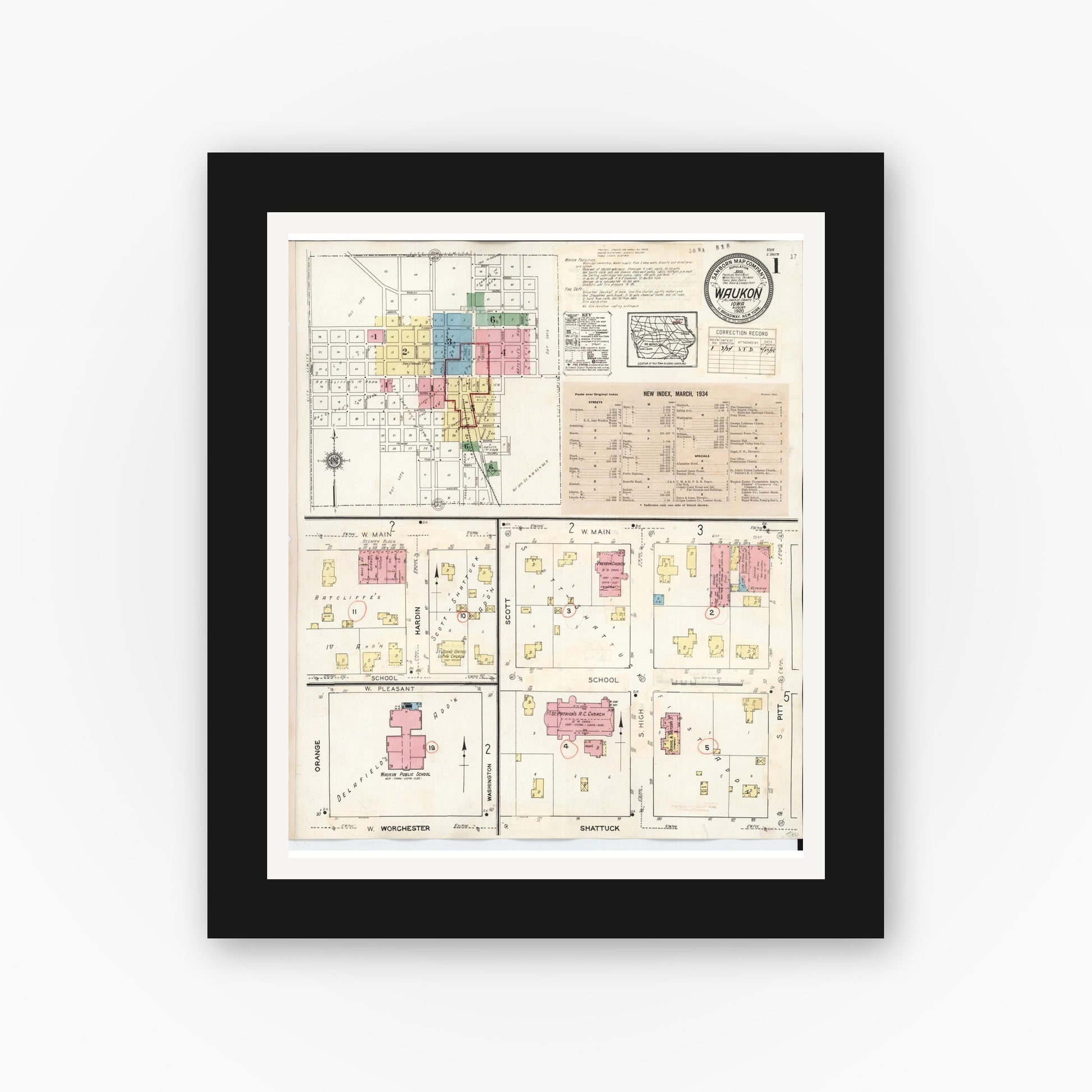 Old map wall art mockup — black gallery frame with white mat — Sanborn Fire Insurance Map from Waukon, Allamakee County, Iowa (1934), Sheet #0001