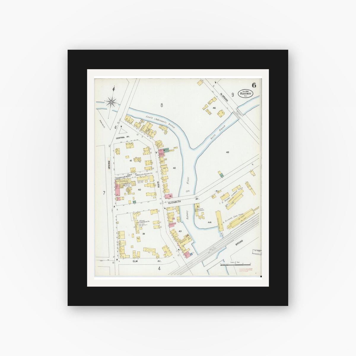 Old map wall art mockup — black gallery frame with white mat — Sanborn Fire Insurance Map from Rahway, Union County, New Jersey (1901), Sheet #0006
