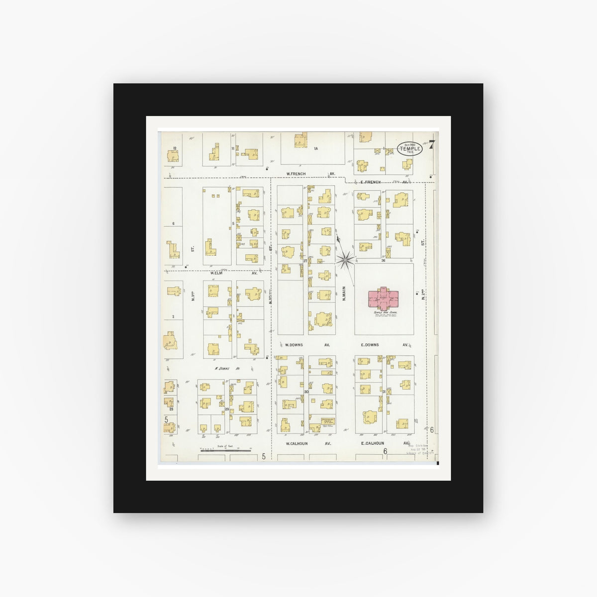 Old map wall art mockup — black gallery frame with white mat — Sanborn Fire Insurance Map from Temple, Bell County, Texas (1900), Sheet #0007