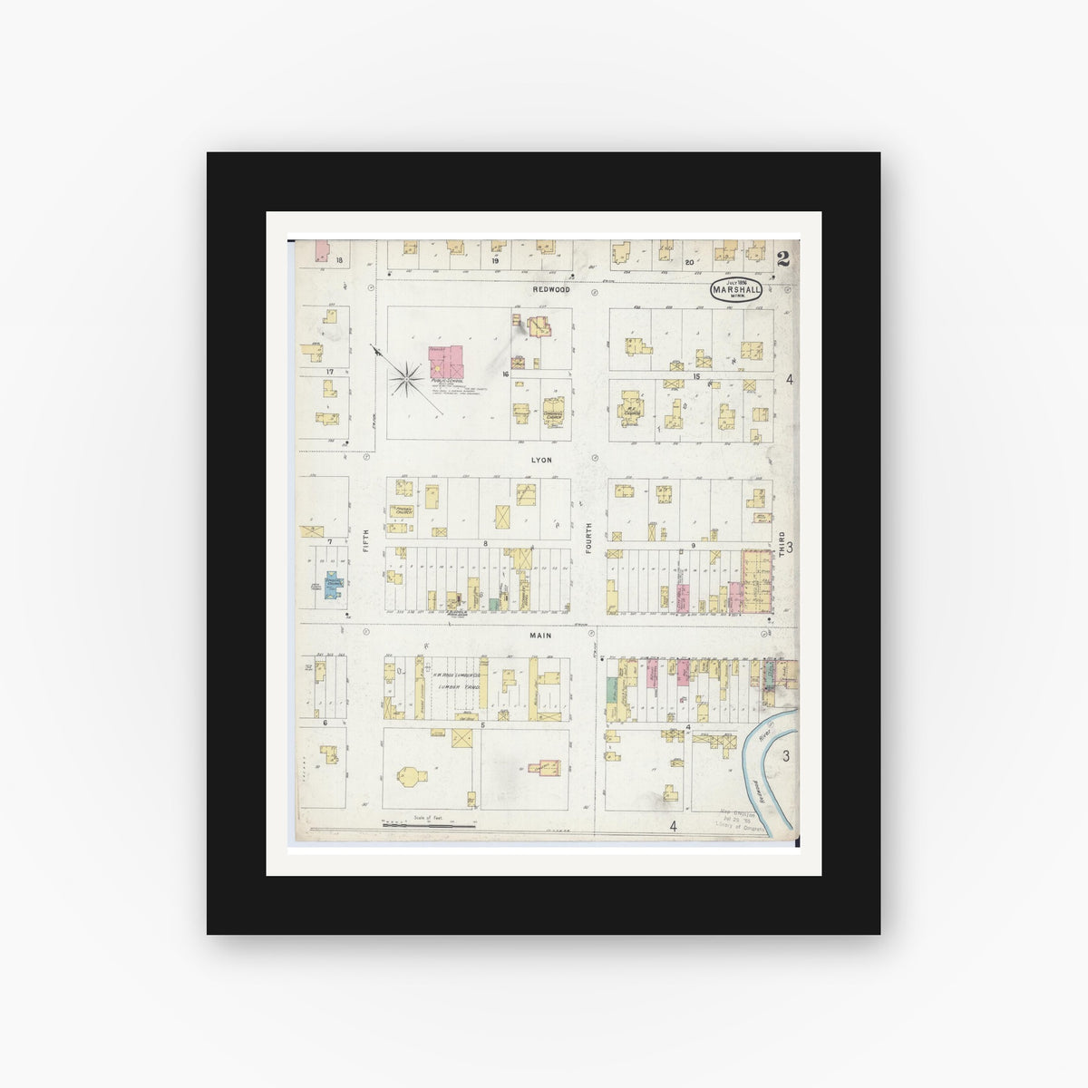 Old map wall art mockup — black gallery frame with white mat — Sanborn Fire Insurance Map from Marshall, Lyon County, Minnesota (1896), Sheet #0002