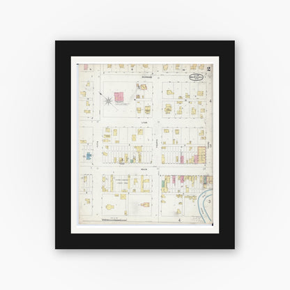 Old map wall art mockup — black gallery frame with white mat — Sanborn Fire Insurance Map from Marshall, Lyon County, Minnesota (1896), Sheet #0002