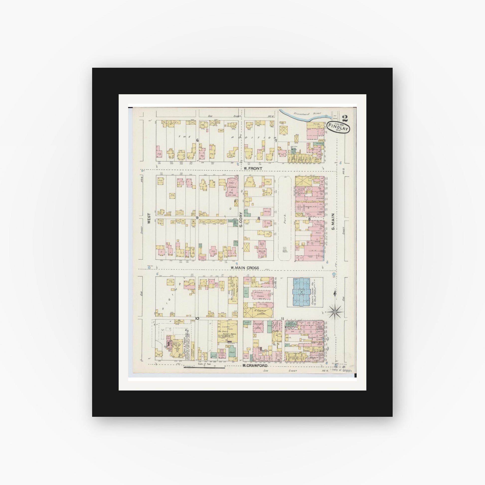 Old map wall art mockup — black gallery frame with white mat — Sanborn Fire Insurance Map from Findlay, Hancock County, Ohio (1890), Sheet #0002