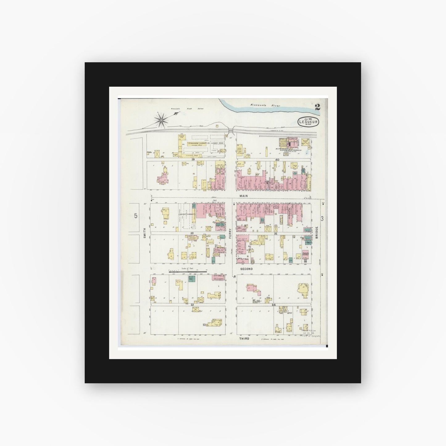 Old map wall art mockup — black gallery frame with white mat — Sanborn Fire Insurance Map from Le Sueur, Le Sueur County, Minnesota (1896), Sheet #0002