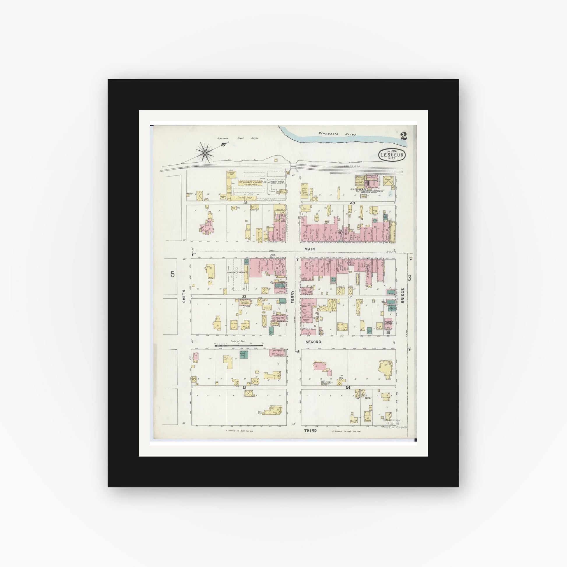 Old map wall art mockup — black gallery frame with white mat — Sanborn Fire Insurance Map from Le Sueur, Le Sueur County, Minnesota (1896), Sheet #0002