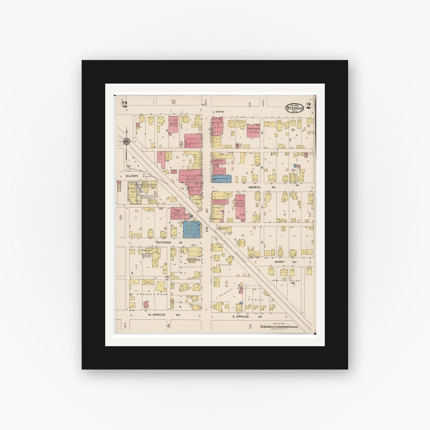 Old map wall art mockup — black gallery frame with white mat — Sanborn Fire Insurance Map from Byesville, Guernsey County, Ohio (1922), Sheet #0002