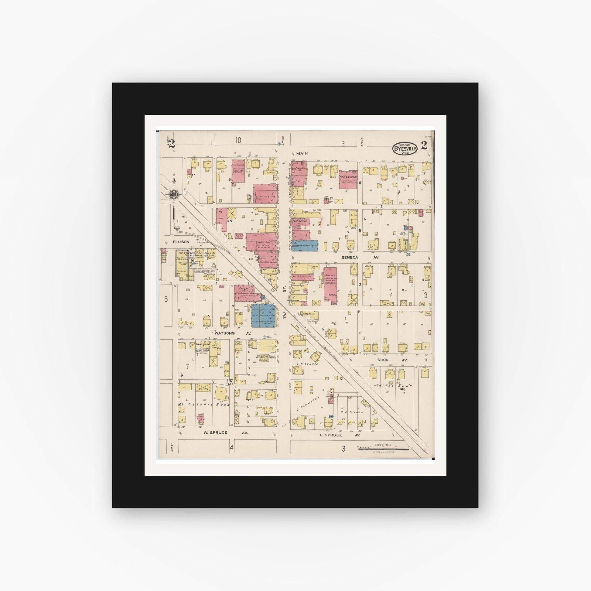 Old map wall art mockup — black gallery frame with white mat — Sanborn Fire Insurance Map from Byesville, Guernsey County, Ohio (1922), Sheet #0002