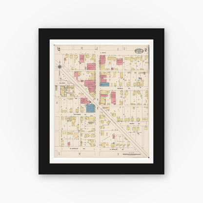 Old map wall art mockup — black gallery frame with white mat — Sanborn Fire Insurance Map from Byesville, Guernsey County, Ohio (1922), Sheet #0002
