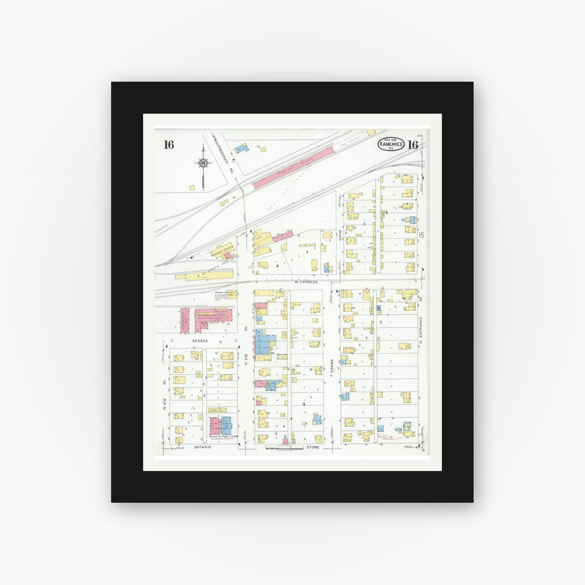 Old map wall art mockup — black gallery frame with white mat — Sanborn Fire Insurance Map from Kankakee, Kankakee County, Illinois (1930), Sheet #0016