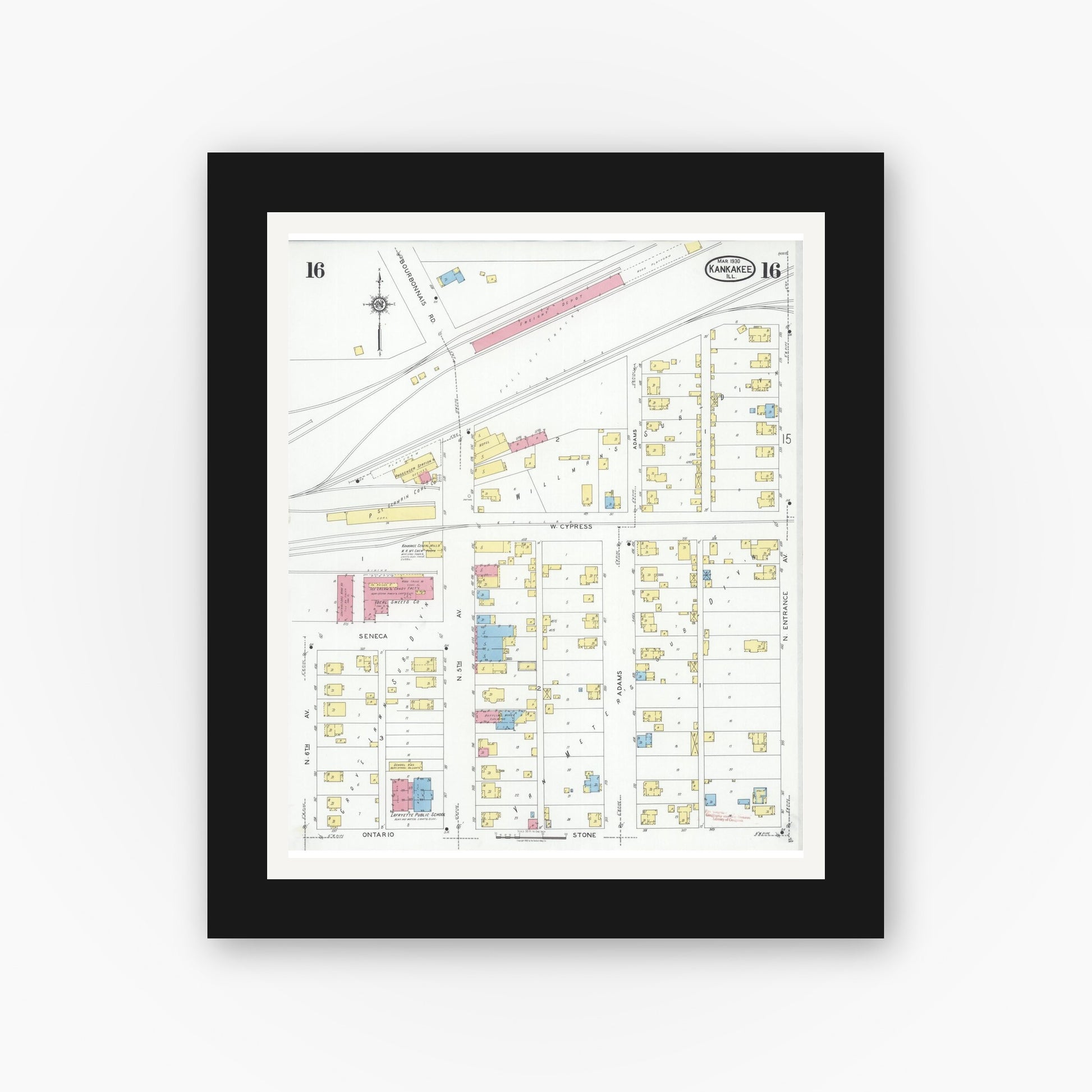 Old map wall art mockup — black gallery frame with white mat — Sanborn Fire Insurance Map from Kankakee, Kankakee County, Illinois (1930), Sheet #0016