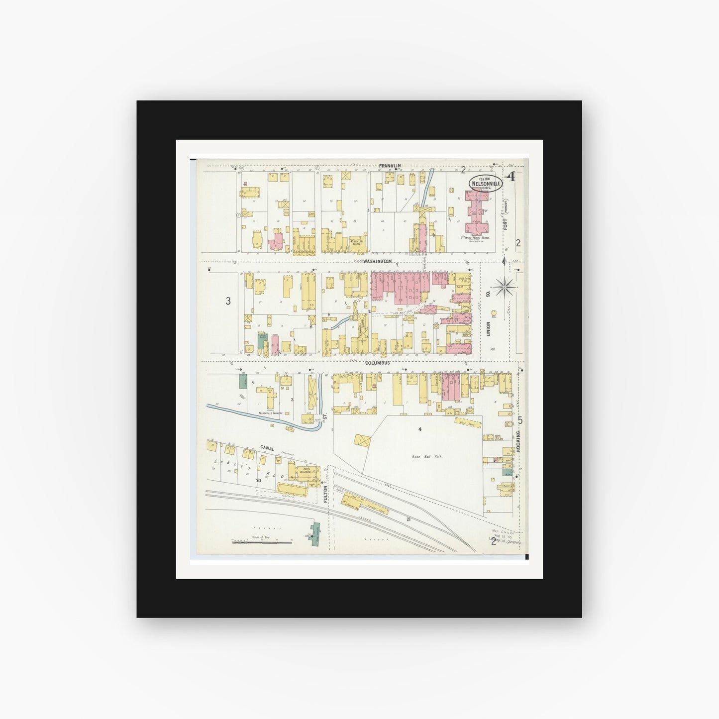 Old map wall art mockup — black gallery frame with white mat — Sanborn Fire Insurance Map from Nelsonville, Athens County, Ohio (1900), Sheet #0004