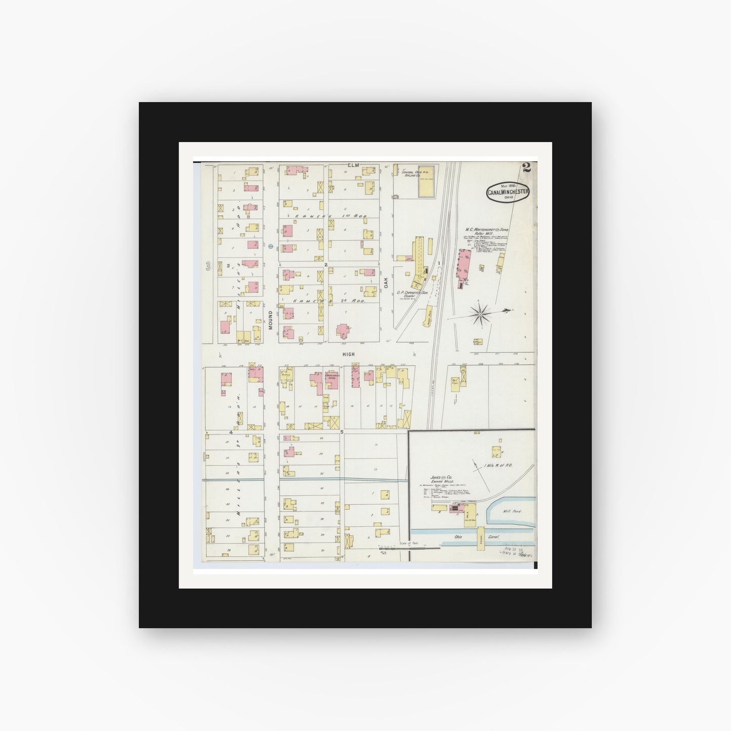 Old map wall art mockup — black gallery frame with white mat — Sanborn Fire Insurance Map from Canal Winchester, Franklin County, Ohio (1895), Sheet #0002