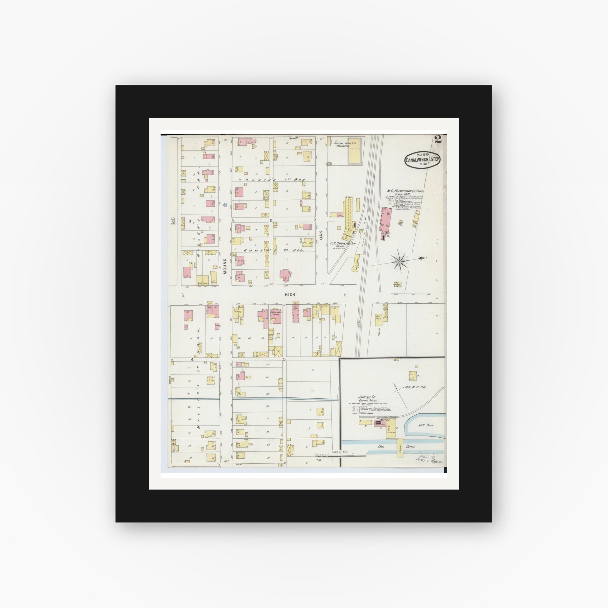 Old map wall art mockup — black gallery frame with white mat — Sanborn Fire Insurance Map from Canal Winchester, Franklin County, Ohio (1895), Sheet #0002