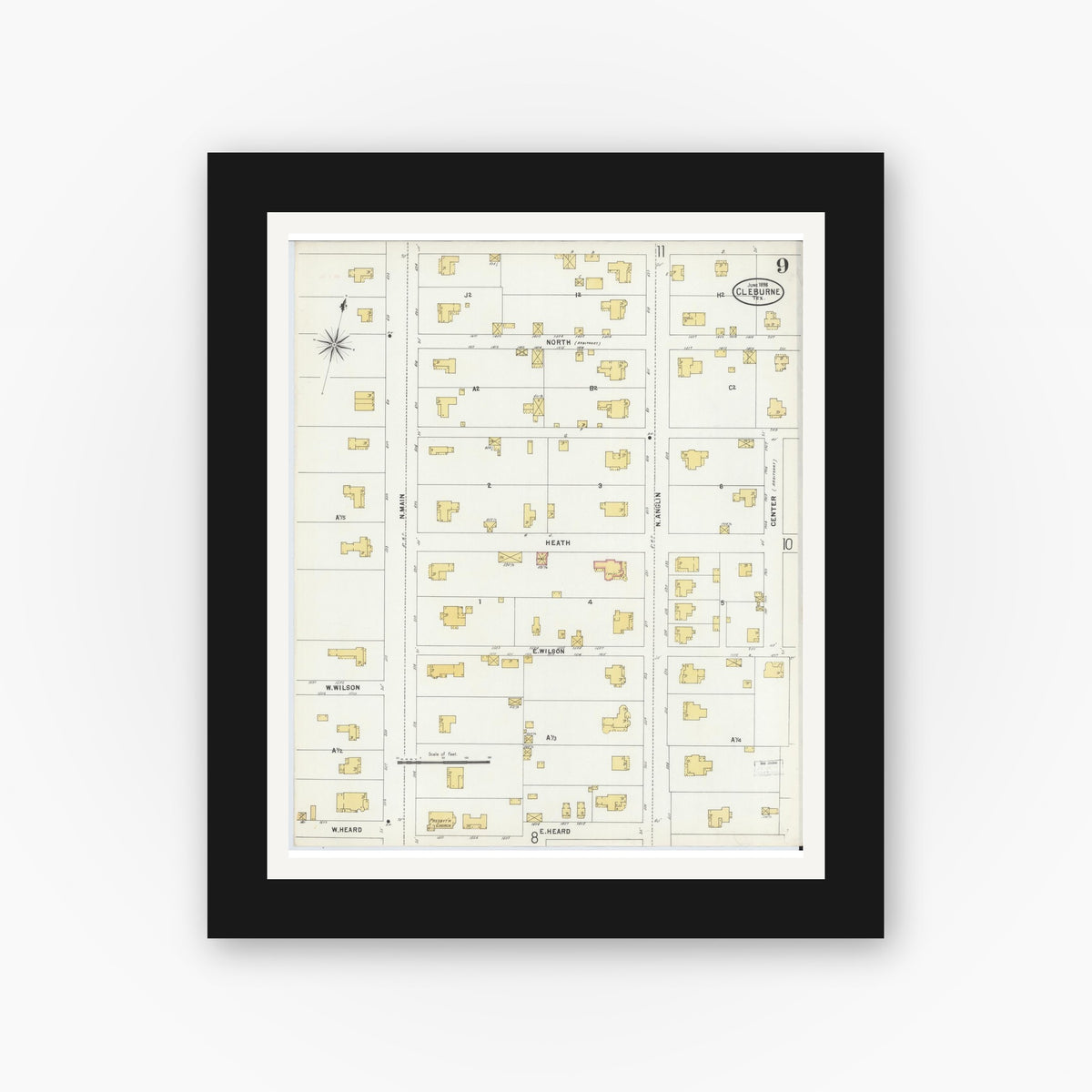Old map wall art mockup — black gallery frame with white mat — Sanborn Fire Insurance Map from Cleburne, Johnson County, Texas (1898), Sheet #0009