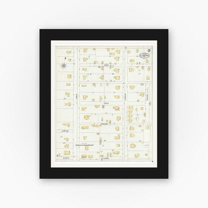 Old map wall art mockup — black gallery frame with white mat — Sanborn Fire Insurance Map from Cleburne, Johnson County, Texas (1898), Sheet #0009