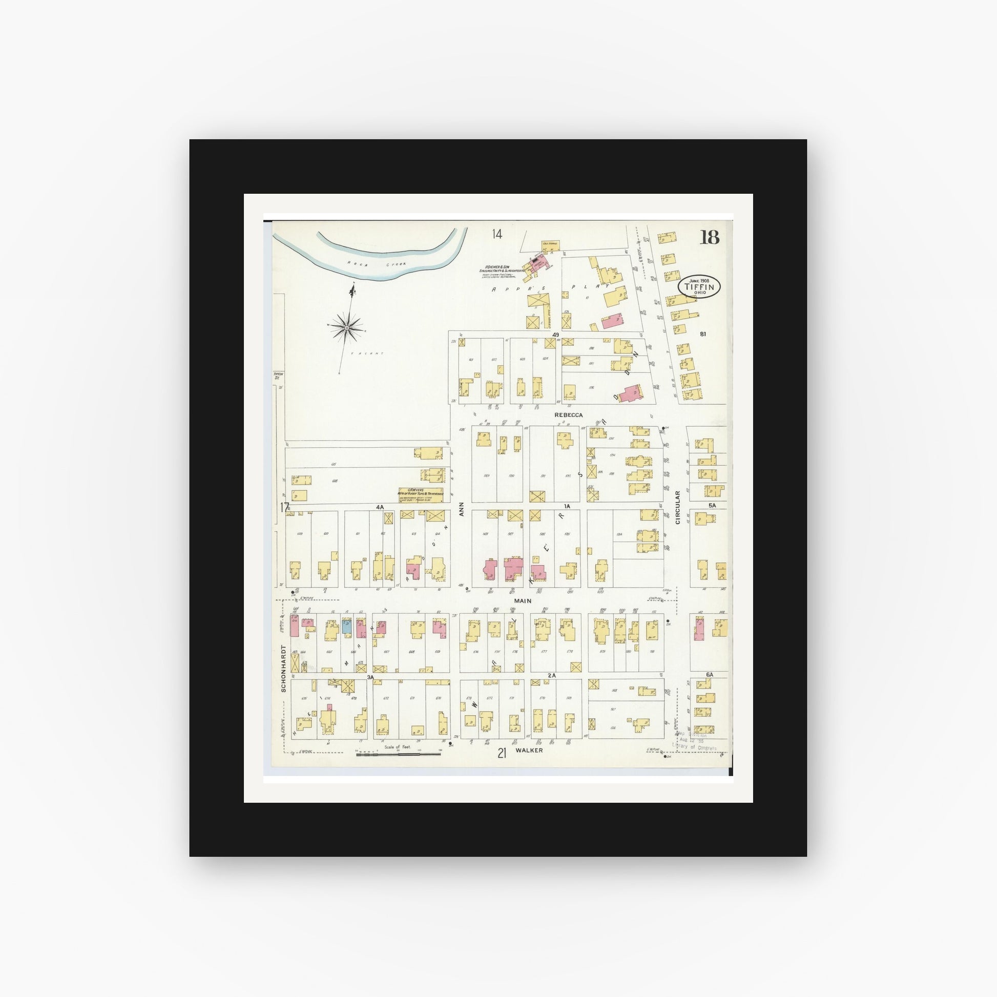 Old map wall art mockup — black gallery frame with white mat — Sanborn Fire Insurance Map from Tiffin, Seneca County, Ohio (1908), Sheet #0018