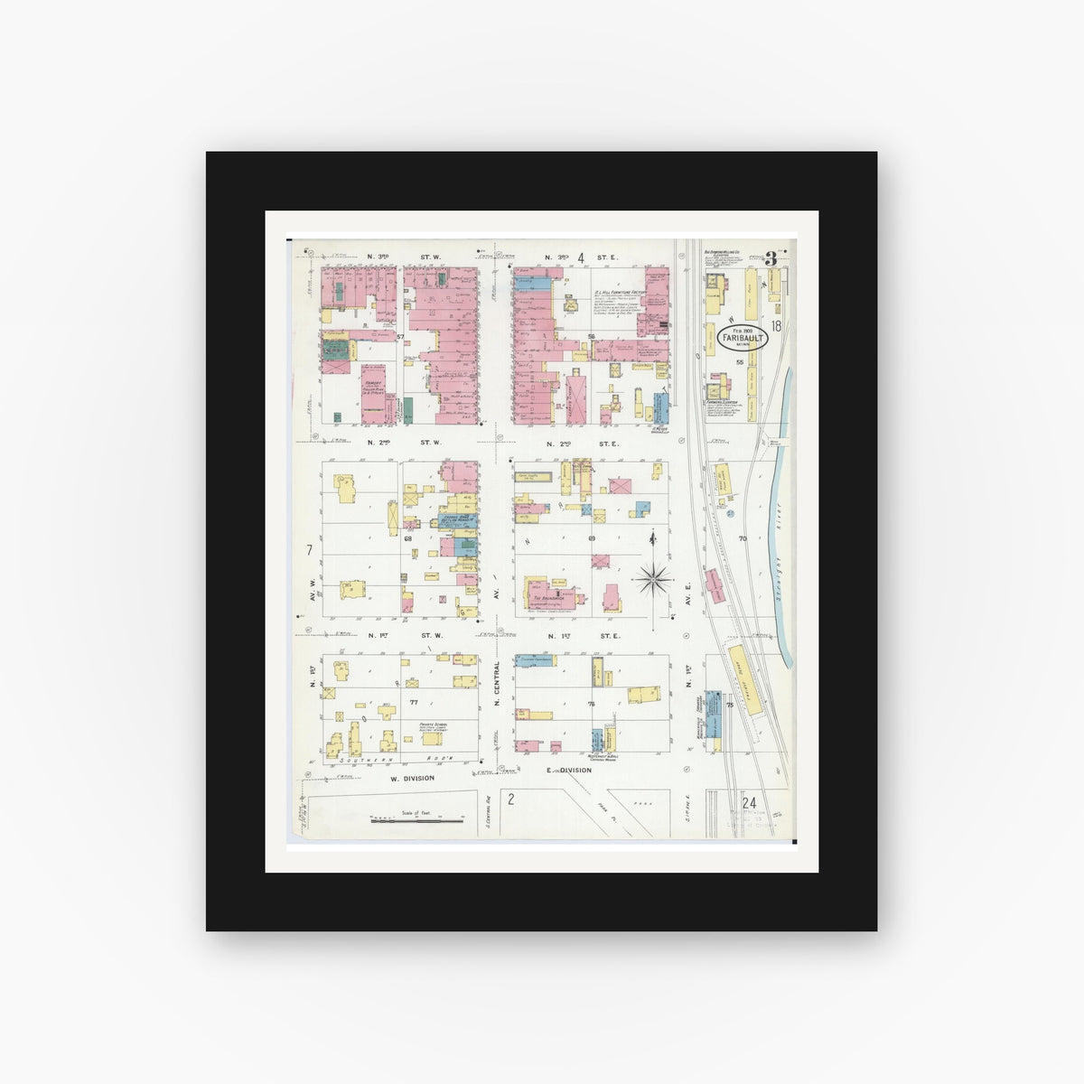 Old map wall art mockup — black gallery frame with white mat — Sanborn Fire Insurance Map from Faribault, Rice County, Minnesota (1909), Sheet #0003
