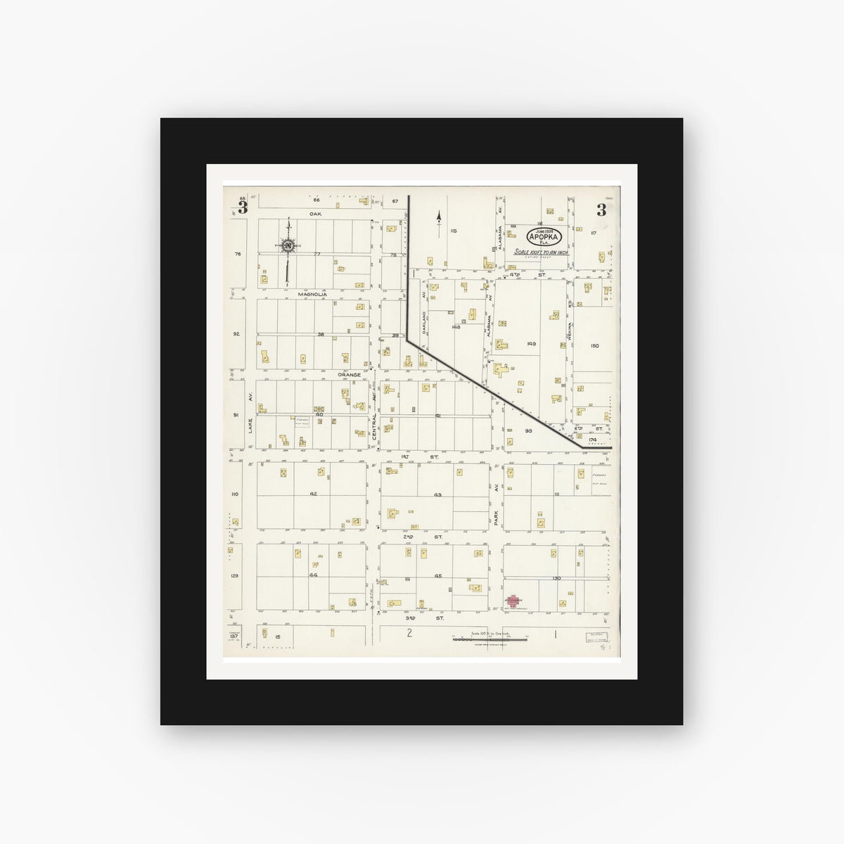 Old map wall art mockup — black gallery frame with white mat — Sanborn Fire Insurance Map from Apopka, Orange County, Florida (1924), Sheet #0003