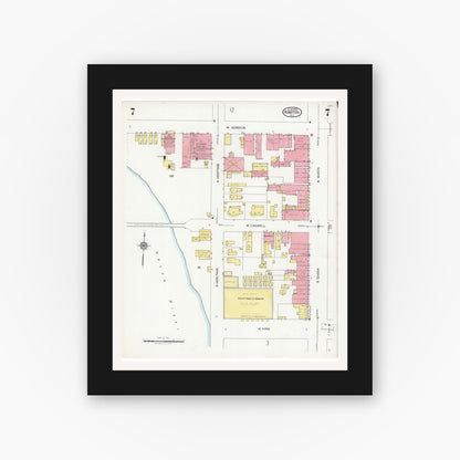 Old map wall art mockup — black gallery frame with white mat — Sanborn Fire Insurance Map from Kinston, Lenoir County, North Carolina (1925), Sheet #0007