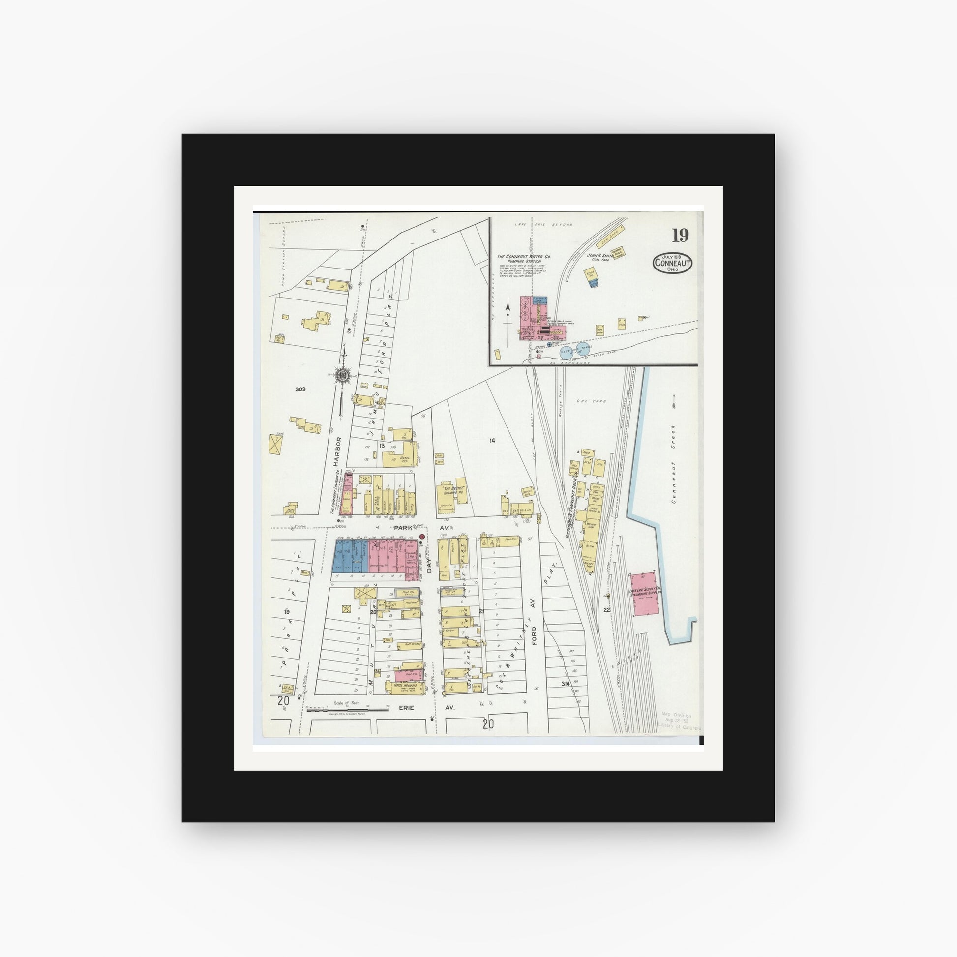 Old map wall art mockup — black gallery frame with white mat — Sanborn Fire Insurance Map from Conneaut, Ashtabula County, Ohio (1919), Sheet #0019