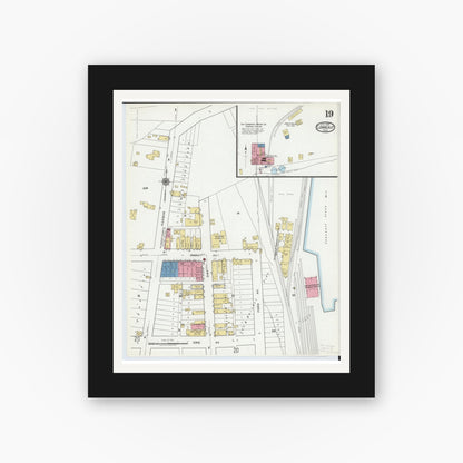 Old map wall art mockup — black gallery frame with white mat — Sanborn Fire Insurance Map from Conneaut, Ashtabula County, Ohio (1919), Sheet #0019
