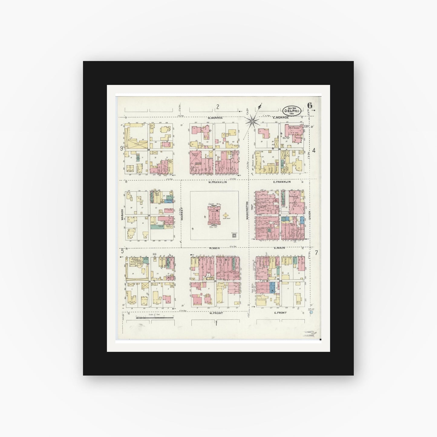 Old map wall art mockup — black gallery frame with white mat — Sanborn Fire Insurance Map from Delphi, Carroll County, Indiana (1906), Sheet #0006