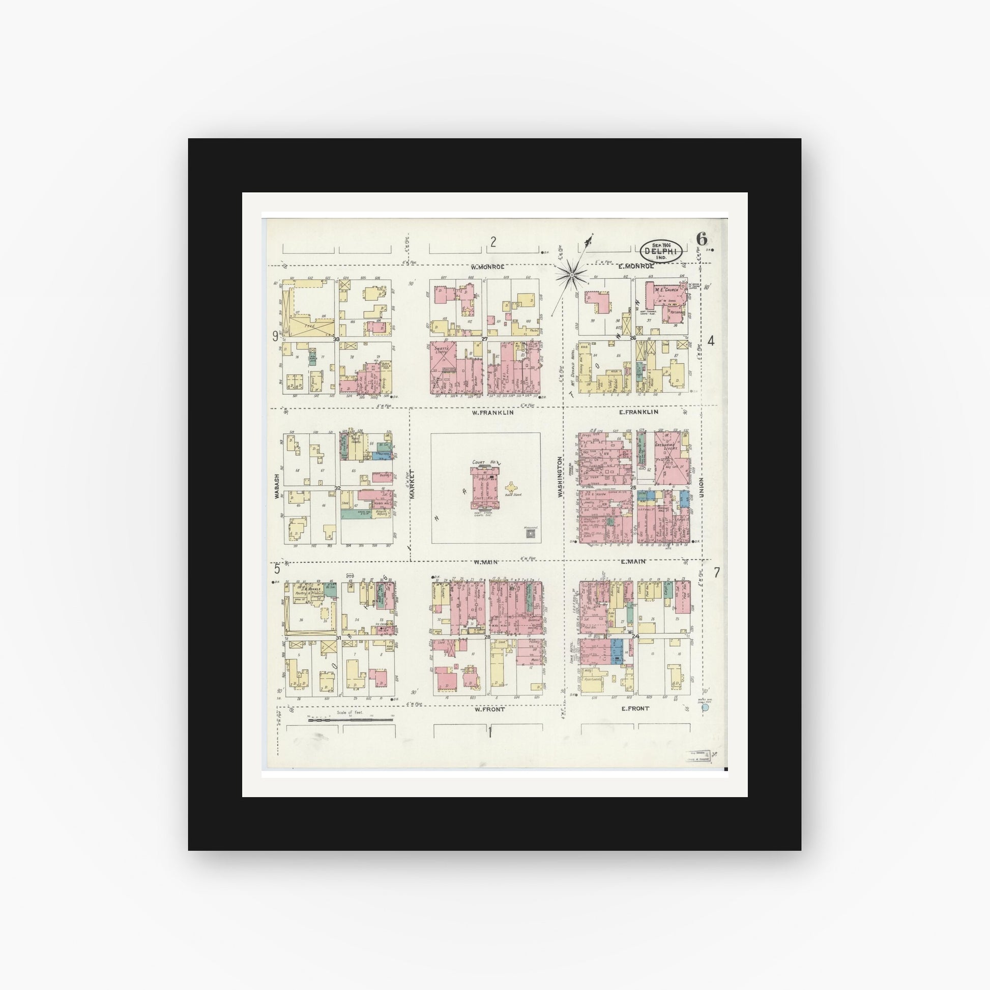 Old map wall art mockup — black gallery frame with white mat — Sanborn Fire Insurance Map from Delphi, Carroll County, Indiana (1906), Sheet #0006