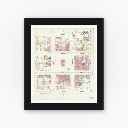 Old map wall art mockup — black gallery frame with white mat — Sanborn Fire Insurance Map from Delphi, Carroll County, Indiana (1906), Sheet #0006