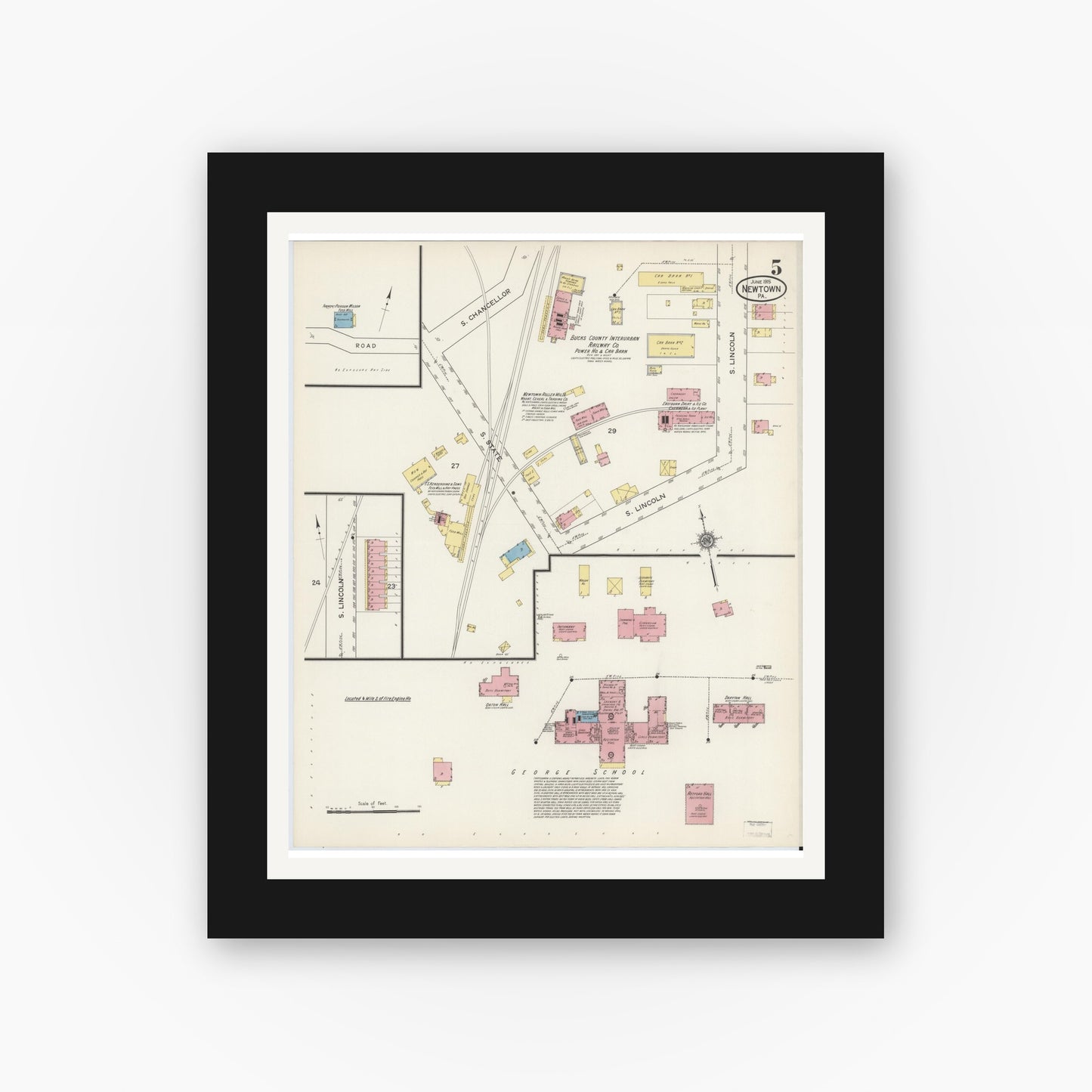 Old map wall art mockup — black gallery frame with white mat — Sanborn Fire Insurance Map from Newtown, Bucks County, Pennsylvania (1915), Sheet #0005