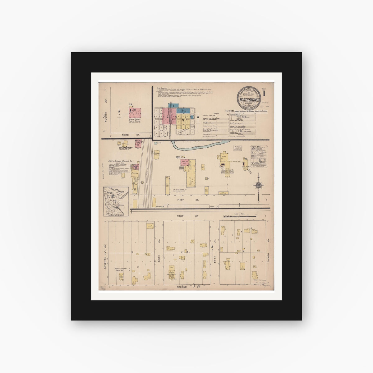 Old map wall art mockup — black gallery frame with white mat — Sanborn Fire Insurance Map from North Branch, Chisago County, Minnesota (1922) - Complete Map Set