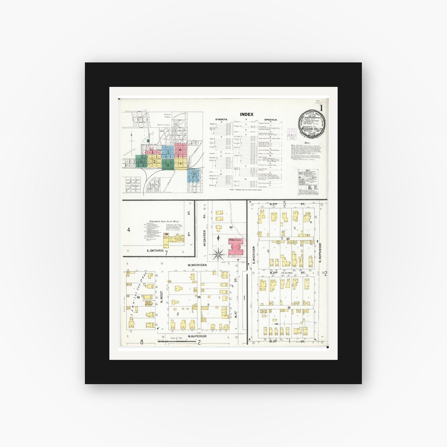 Old map wall art mockup — black gallery frame with white mat — Sanborn Fire Insurance Map from Missouri Valley, Harrison County, Iowa (1901) - Complete Map Set
