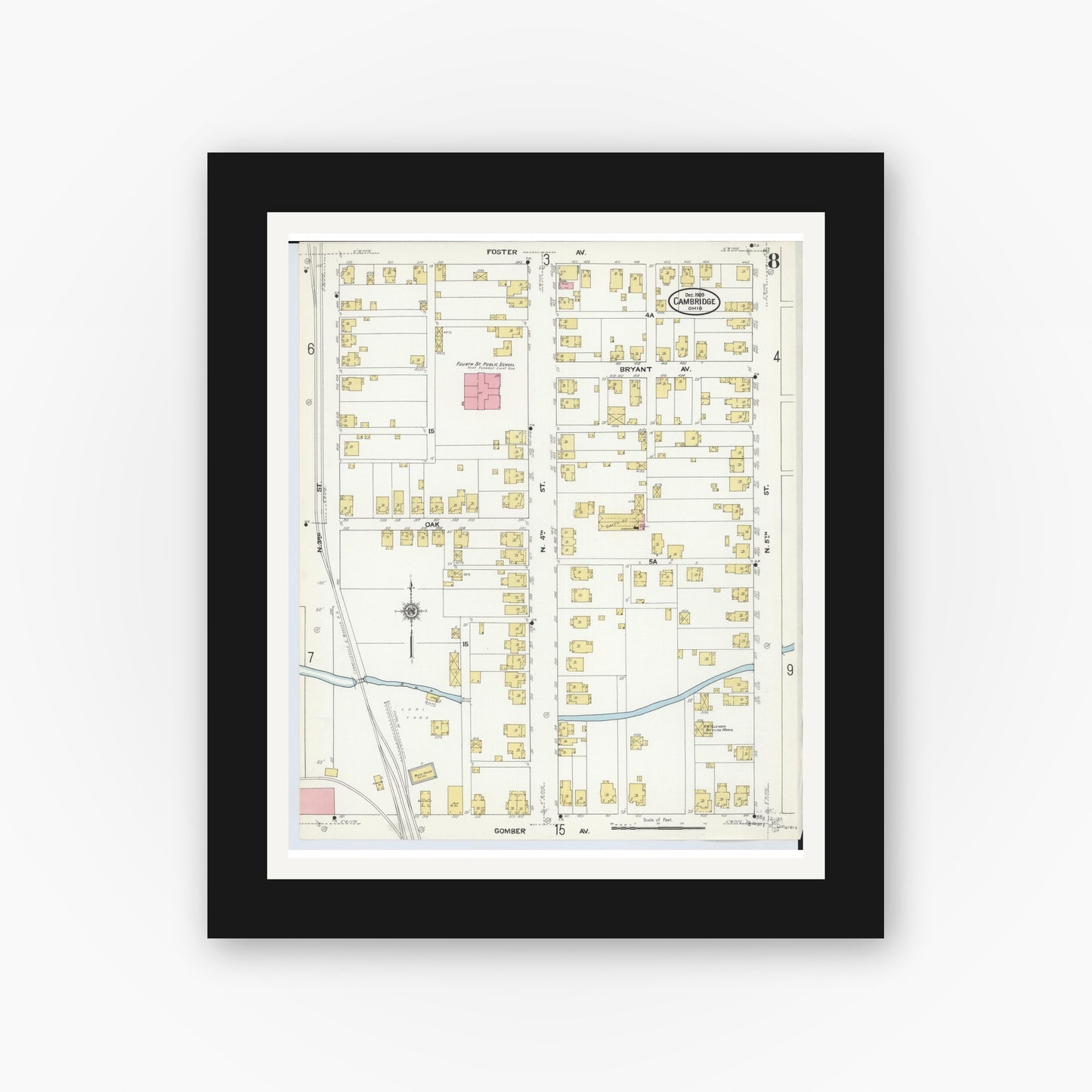 Old map wall art mockup — black gallery frame with white mat — Sanborn Fire Insurance Map from Cambridge, Guernsey County, Ohio (1909), Sheet #0008