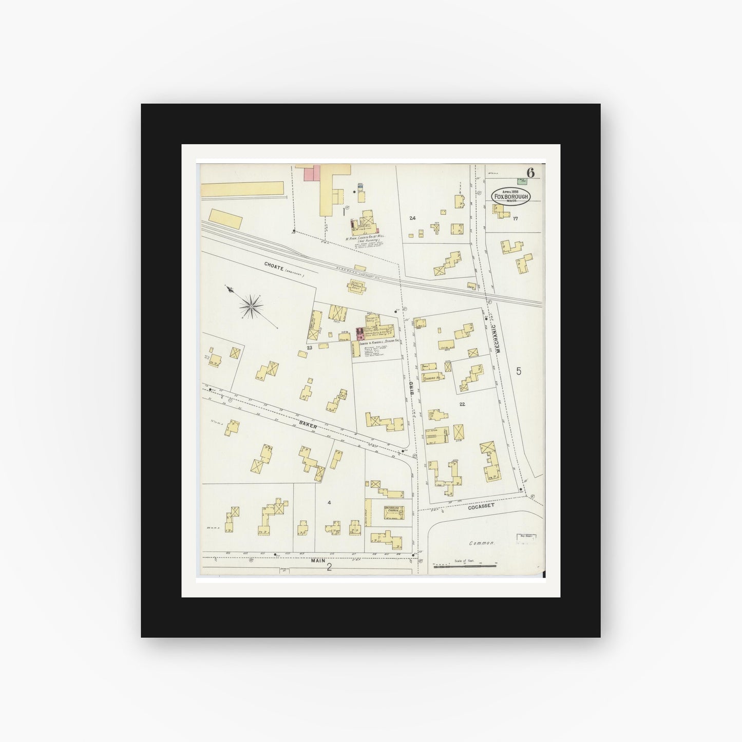 Old map wall art mockup — black gallery frame with white mat — Sanborn Fire Insurance Map from Foxboro, Norfolk County, Massachusetts (1898), Sheet #0006