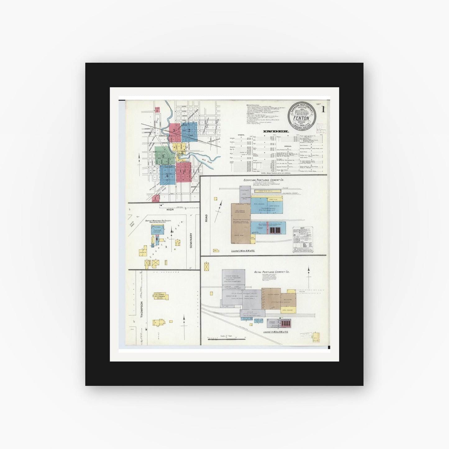 Old map wall art mockup — black gallery frame with white mat — Sanborn Fire Insurance Map from Fenton, Genesee County, Michigan (1908) - Complete Map Set