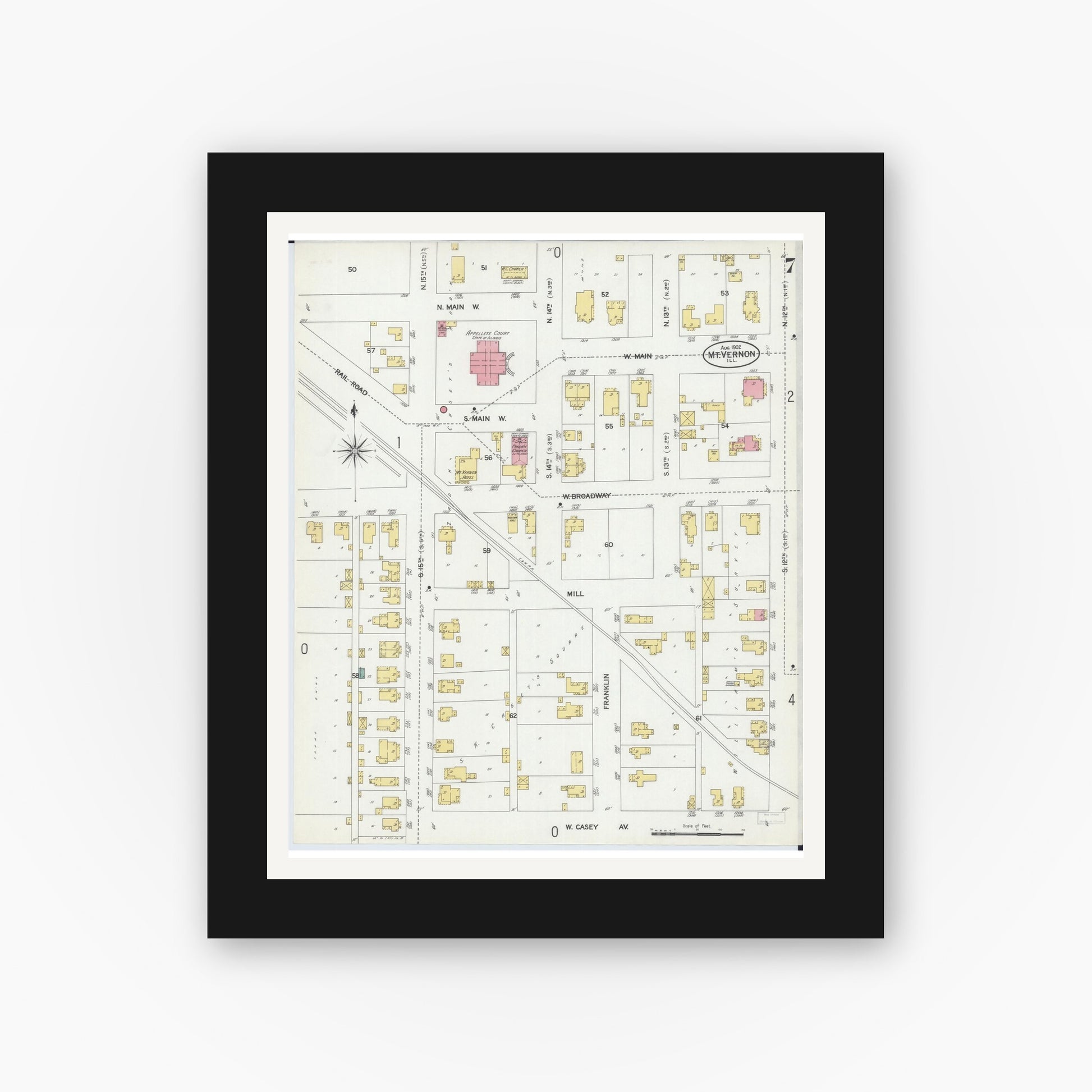 Old map wall art mockup — black gallery frame with white mat — Sanborn Fire Insurance Map from Mount Vernon, Jefferson County, Illinois (1902), Sheet #0007
