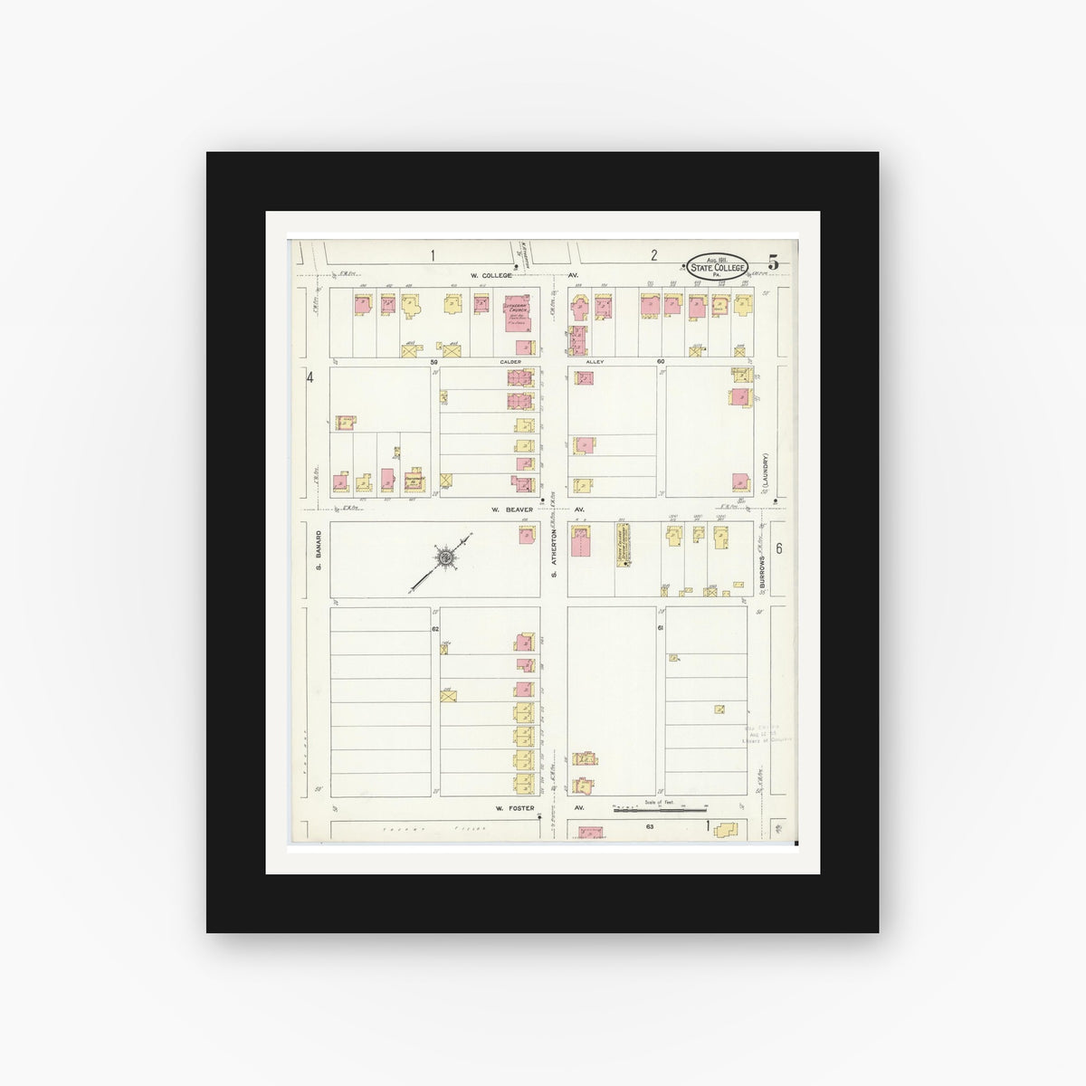Old map wall art mockup — black gallery frame with white mat — Sanborn Fire Insurance Map from State College, Centre County, Pennsylvania (1911), Sheet #0005