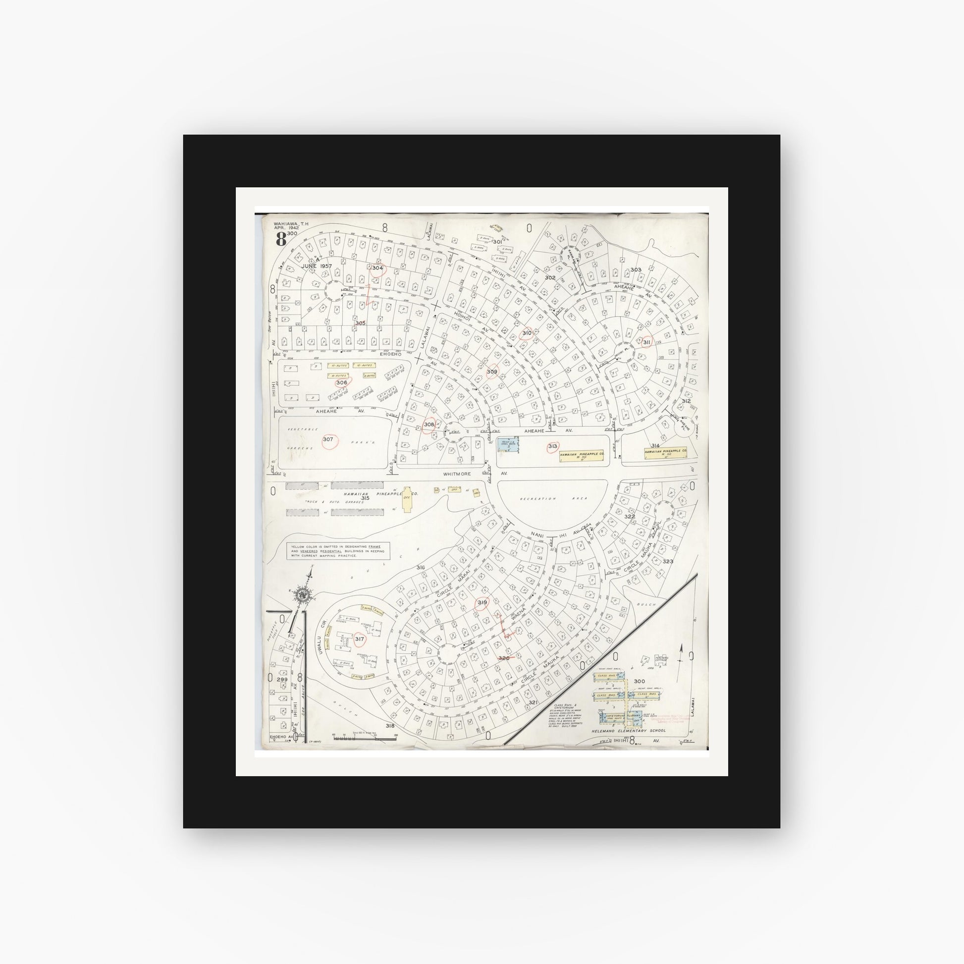 Old map wall art mockup — black gallery frame with white mat — Sanborn Fire Insurance Map from Wahiawa, Honolulu County, Hawaii (1957), Sheet #0008