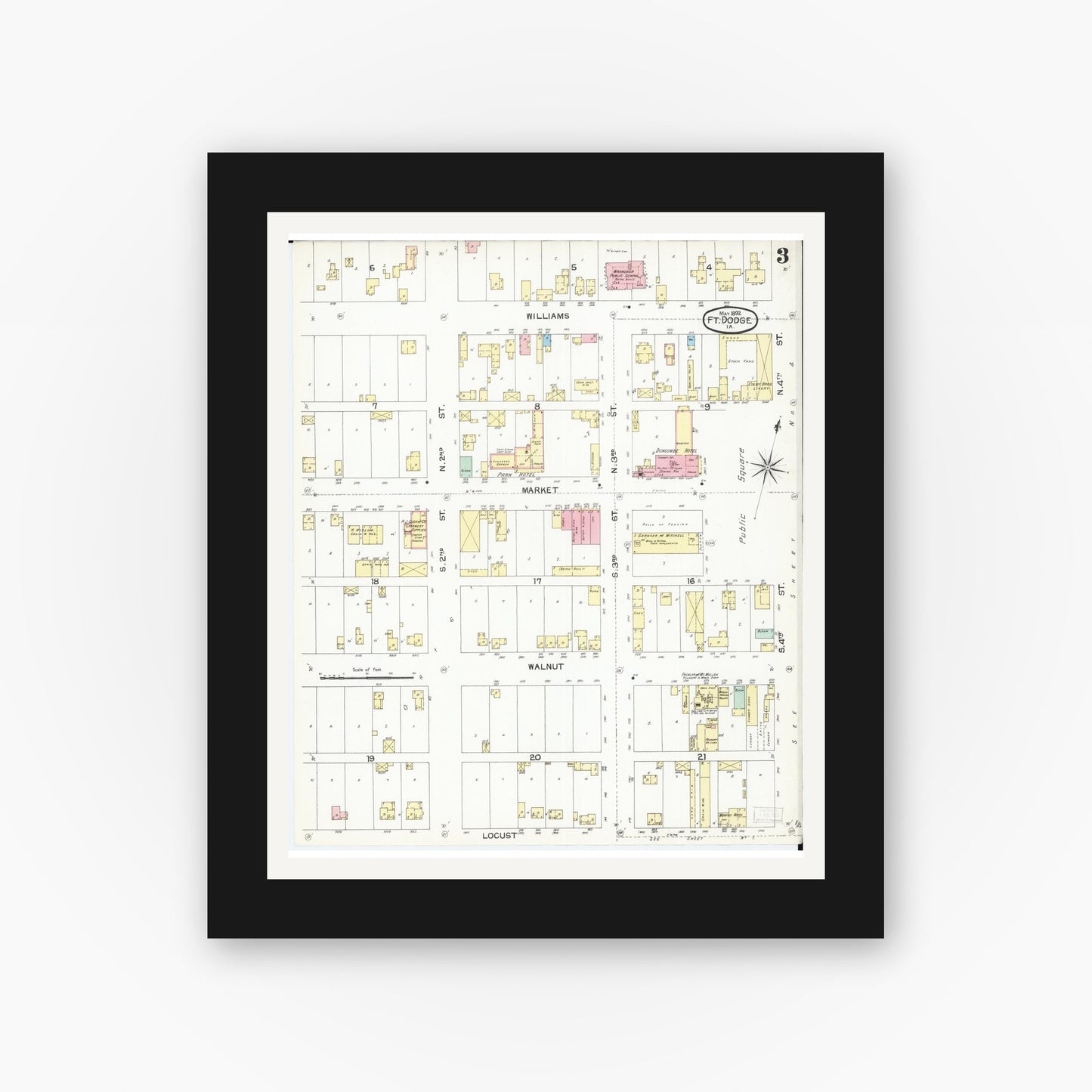 Old map wall art mockup — black gallery frame with white mat — Sanborn Fire Insurance Map from Fort Dodge, Webster County, Iowa (1892), Sheet #0003