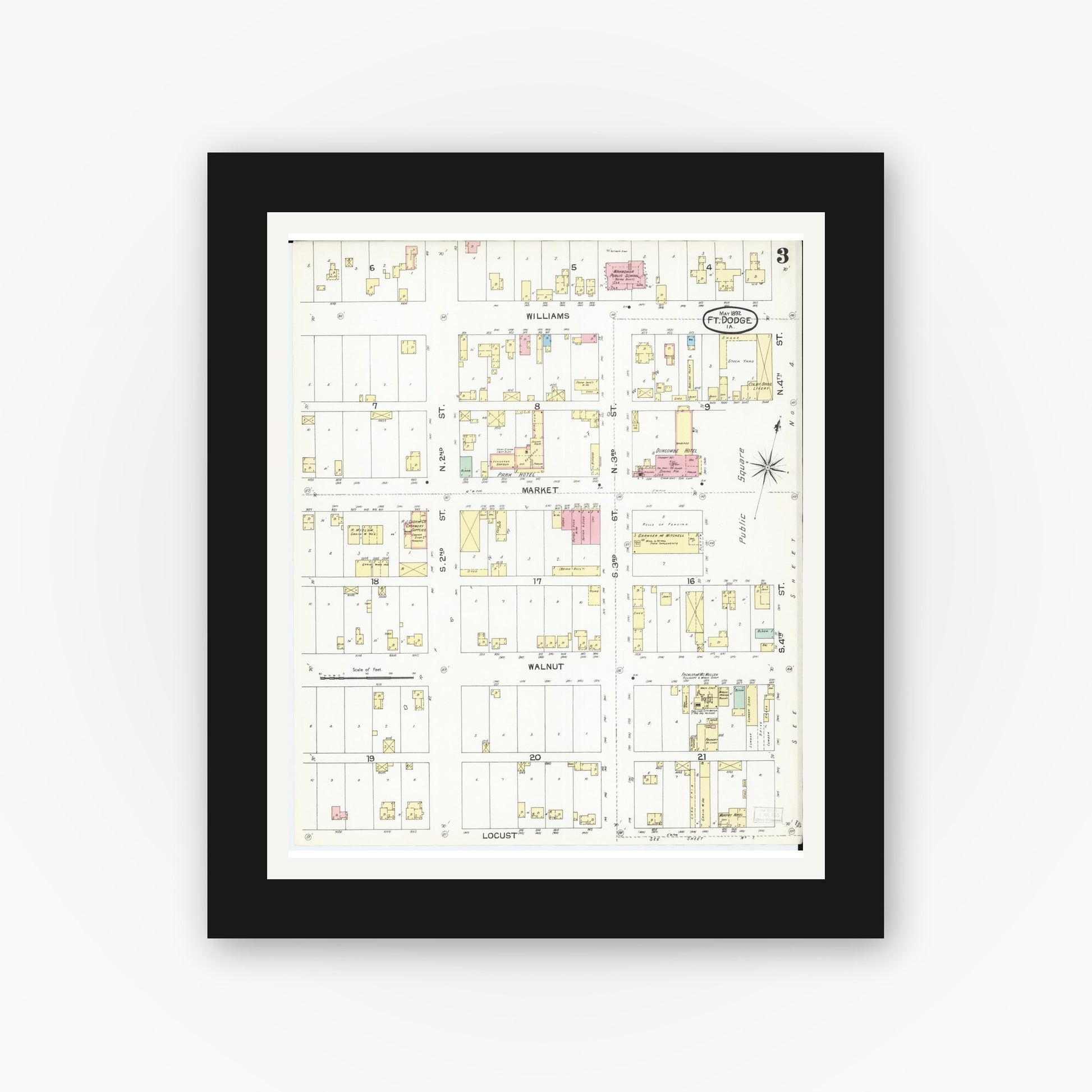Old map wall art mockup — black gallery frame with white mat — Sanborn Fire Insurance Map from Fort Dodge, Webster County, Iowa (1892), Sheet #0003